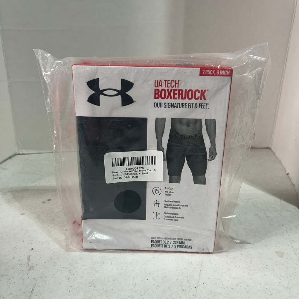 Under Armour Tech Boxerjock 9 Inch 2 Pack Black Mens XS 1363622-001 NEW